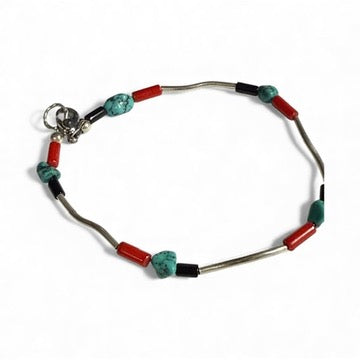 Silver Turquoise Red Coral and Black Jet Bracelet