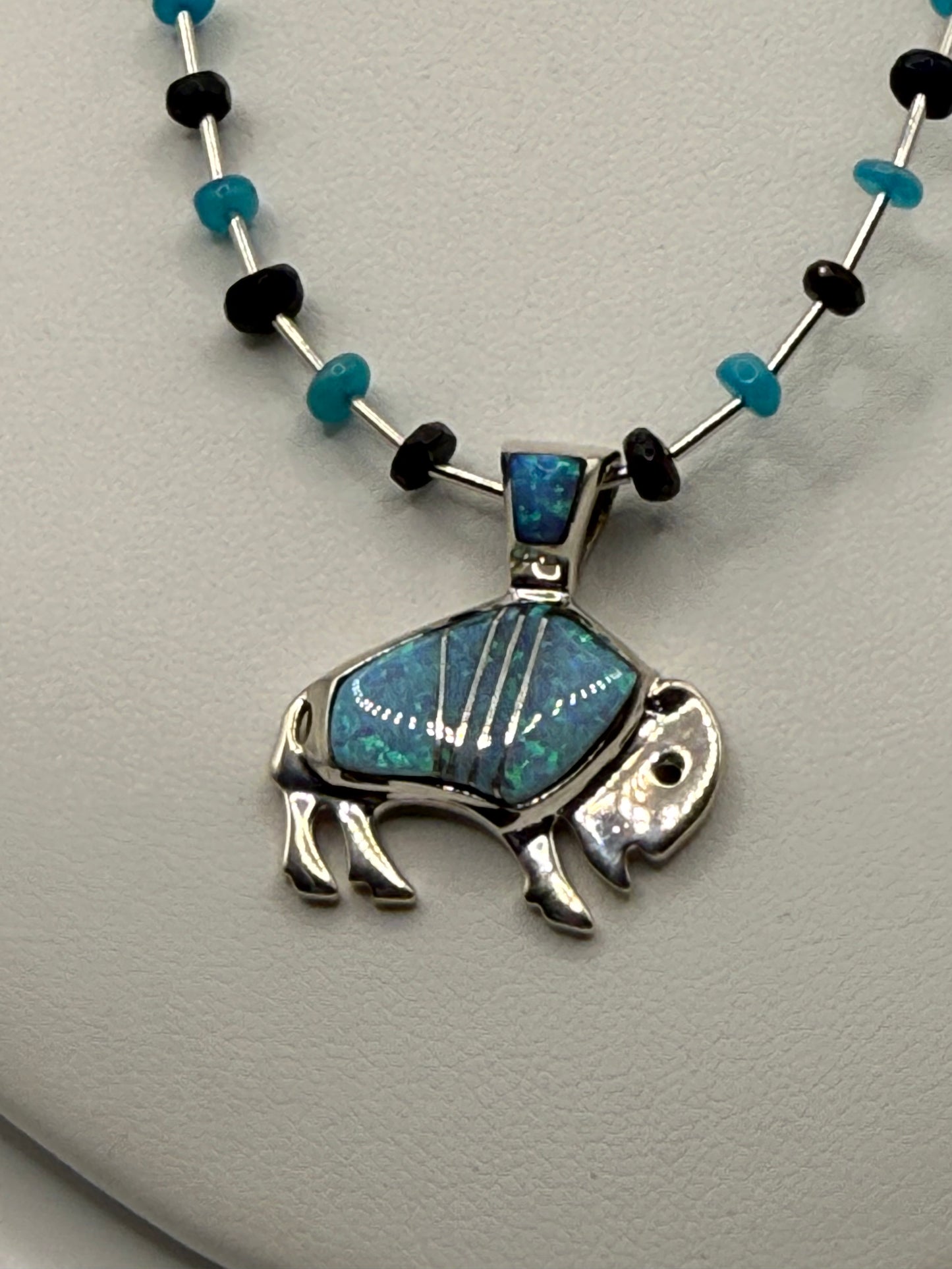 Inlaid Opal and Sterling Silver Buffalo Necklace