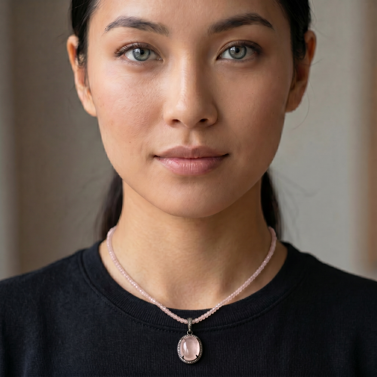 Small Rose Quartz & Diamond Necklace