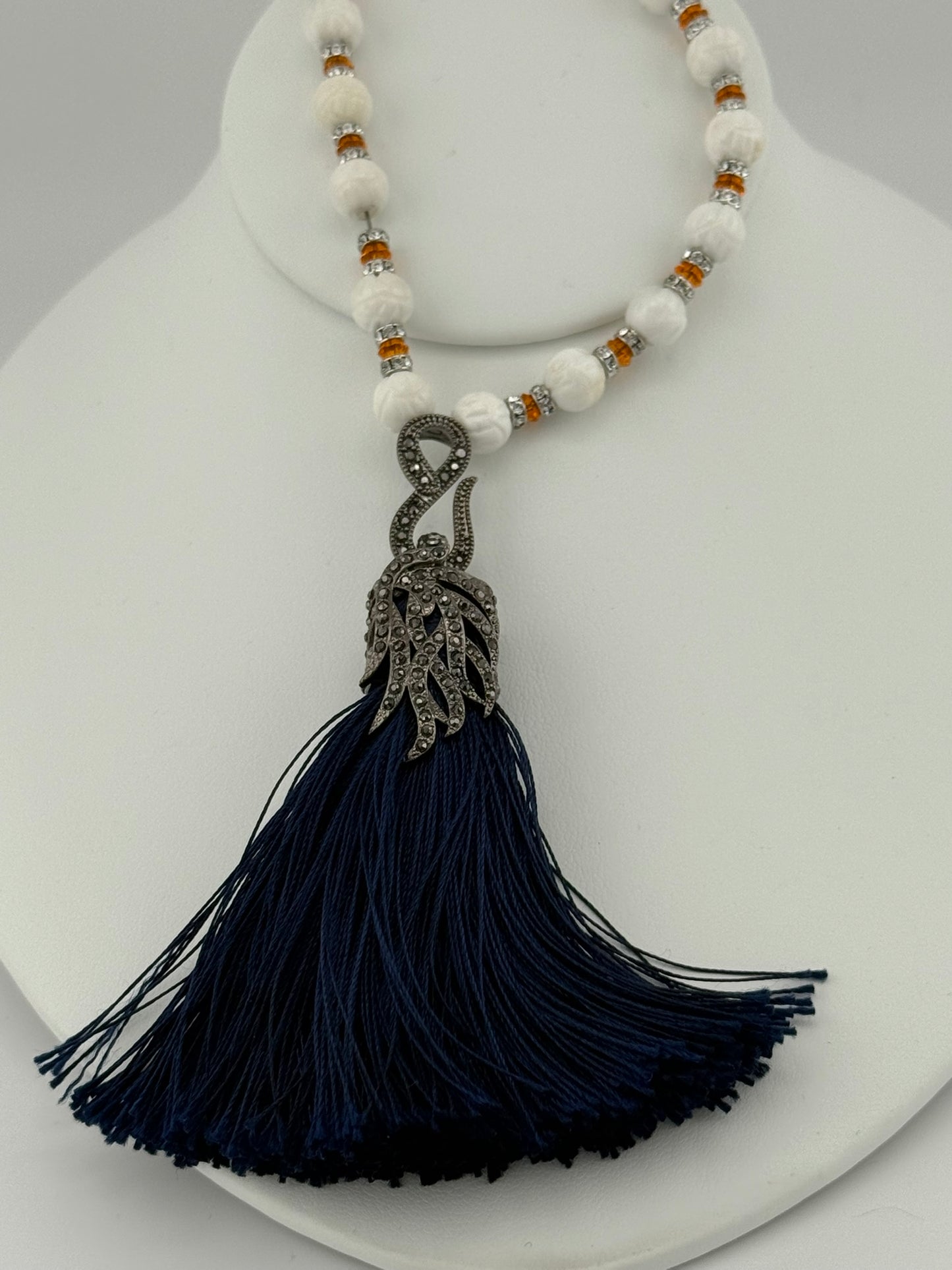 Carved Tridacna Shell Swarovski Crystal and Tassel Necklace