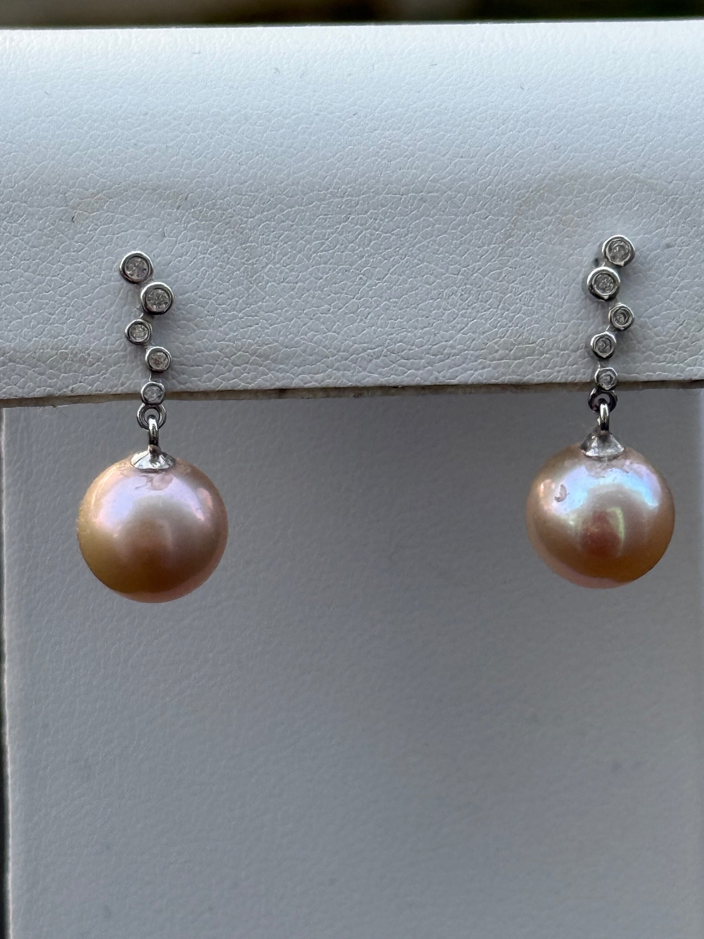 Peach Pearl & CZ Dangle Earrings