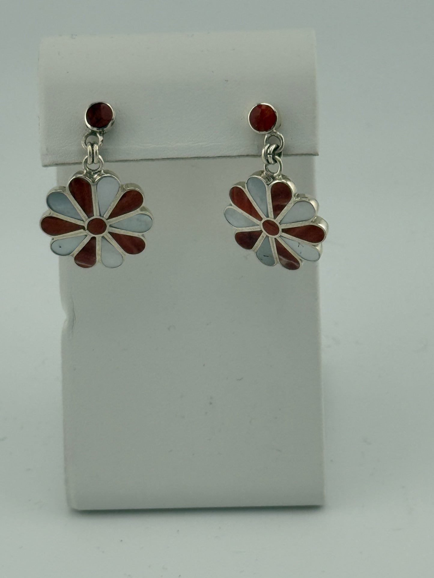 Mother of Pearl and Red Coral Flower Earrings