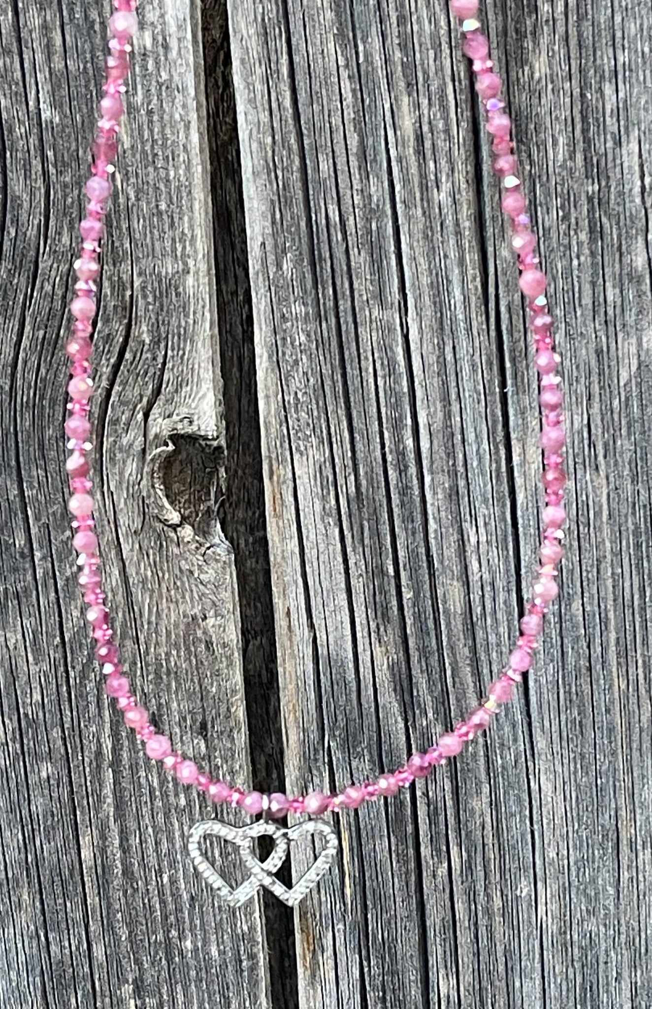 Pink Tourmaline, Swarovski Crystal and Double Heart Diamond Necklace