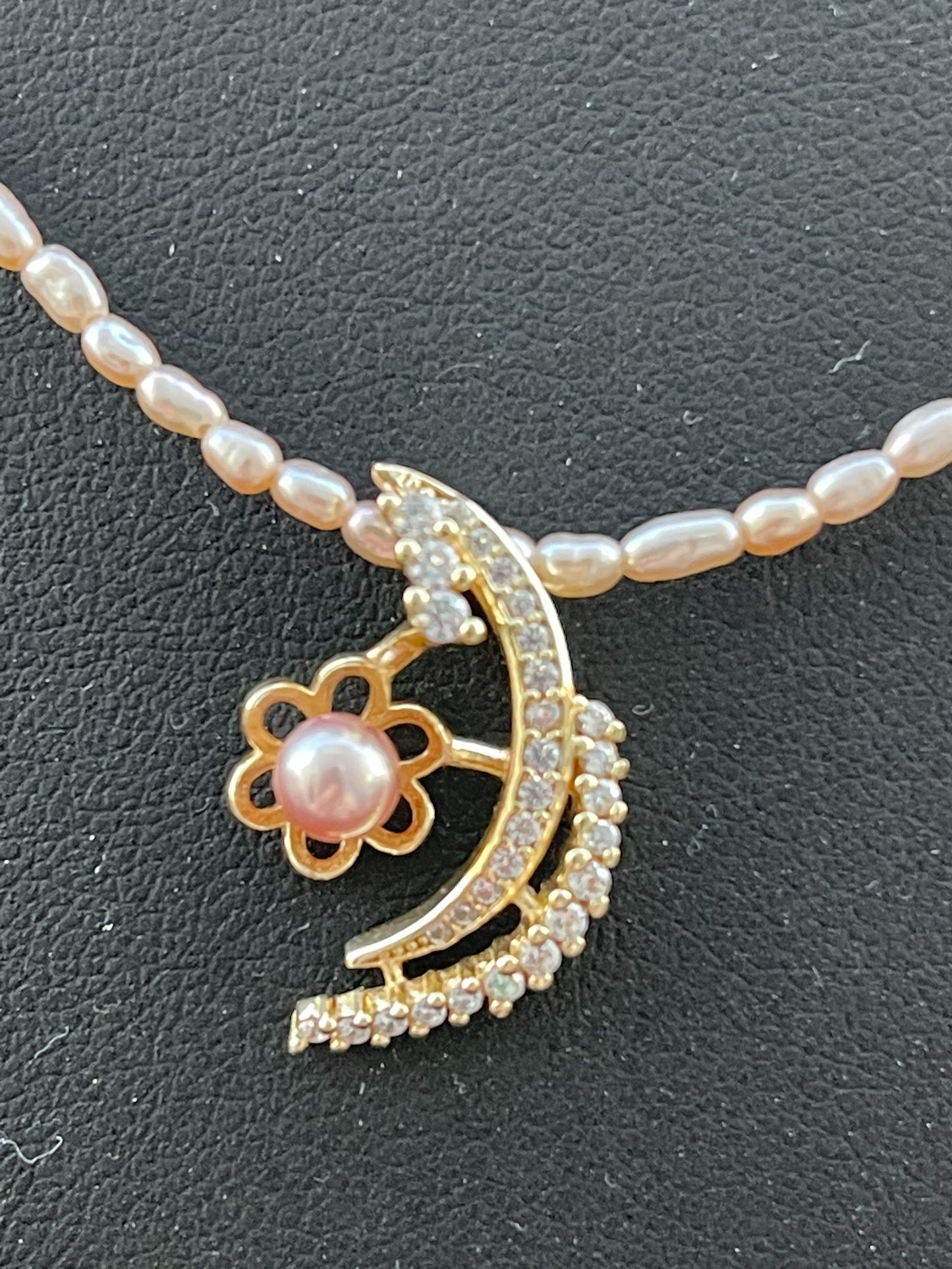 Peach Pearl and Crescent Moon Cubic Zirconia necklace