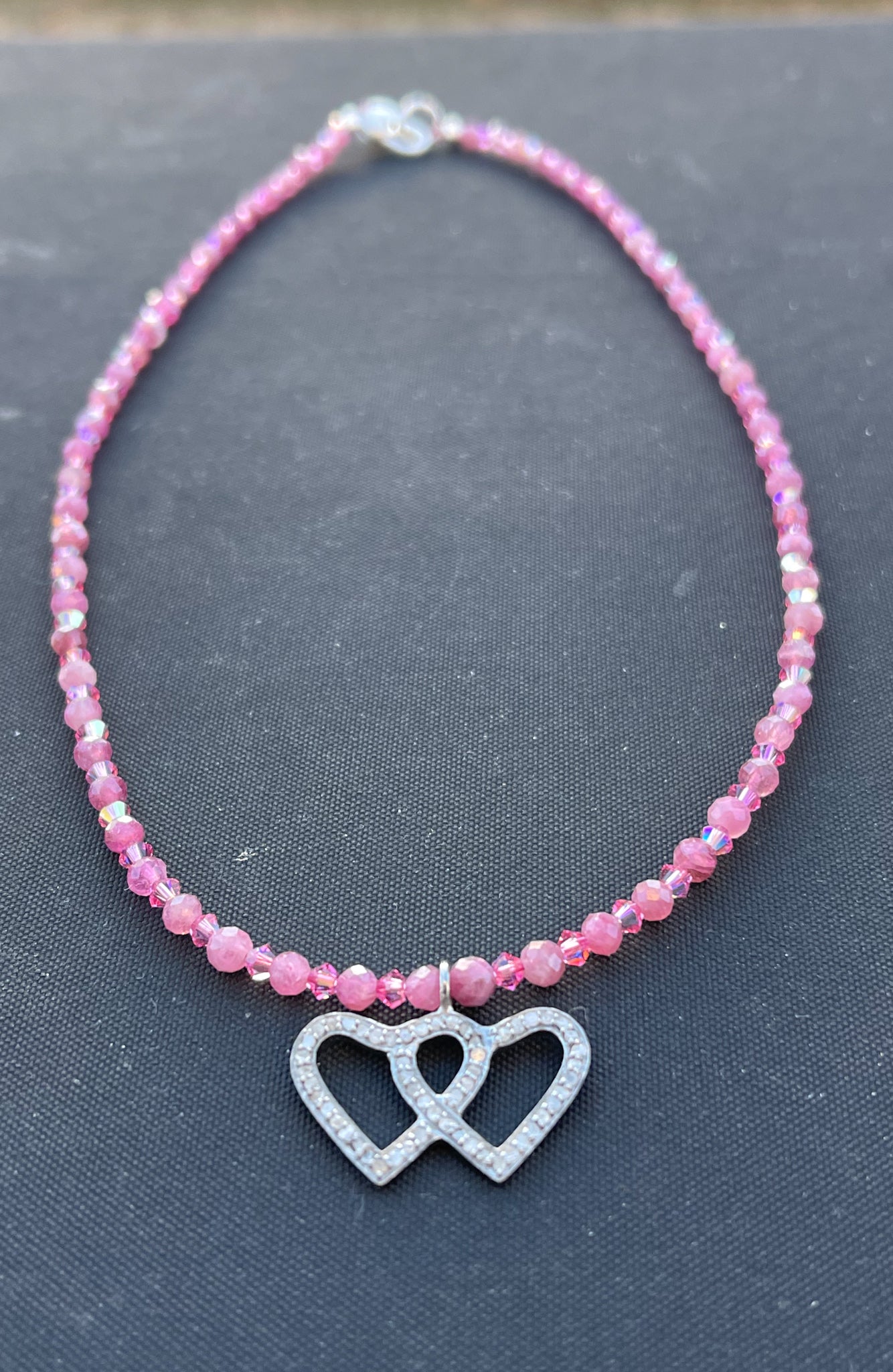 Pink Tourmaline, Swarovski Crystal and Double Heart Diamond Necklace