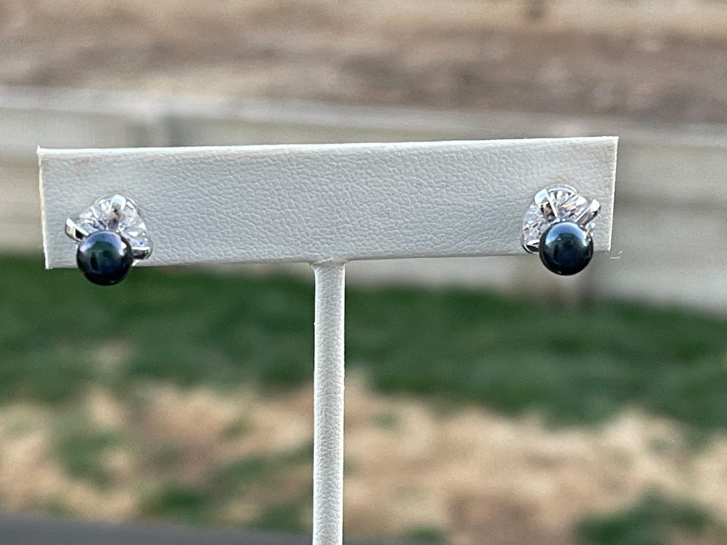 Cubic Zirconia and Black Pearl Post Earrings