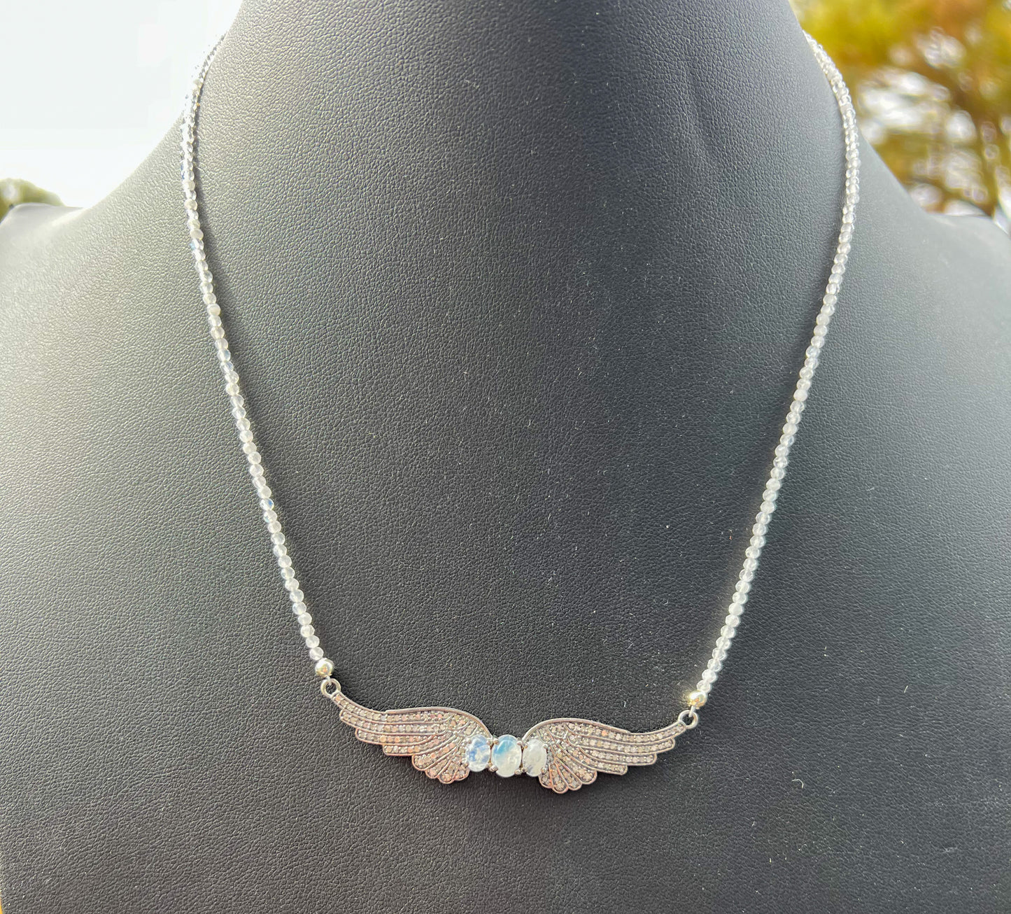 Genuine Diamond and Genuine Moonstone Wing Necklace