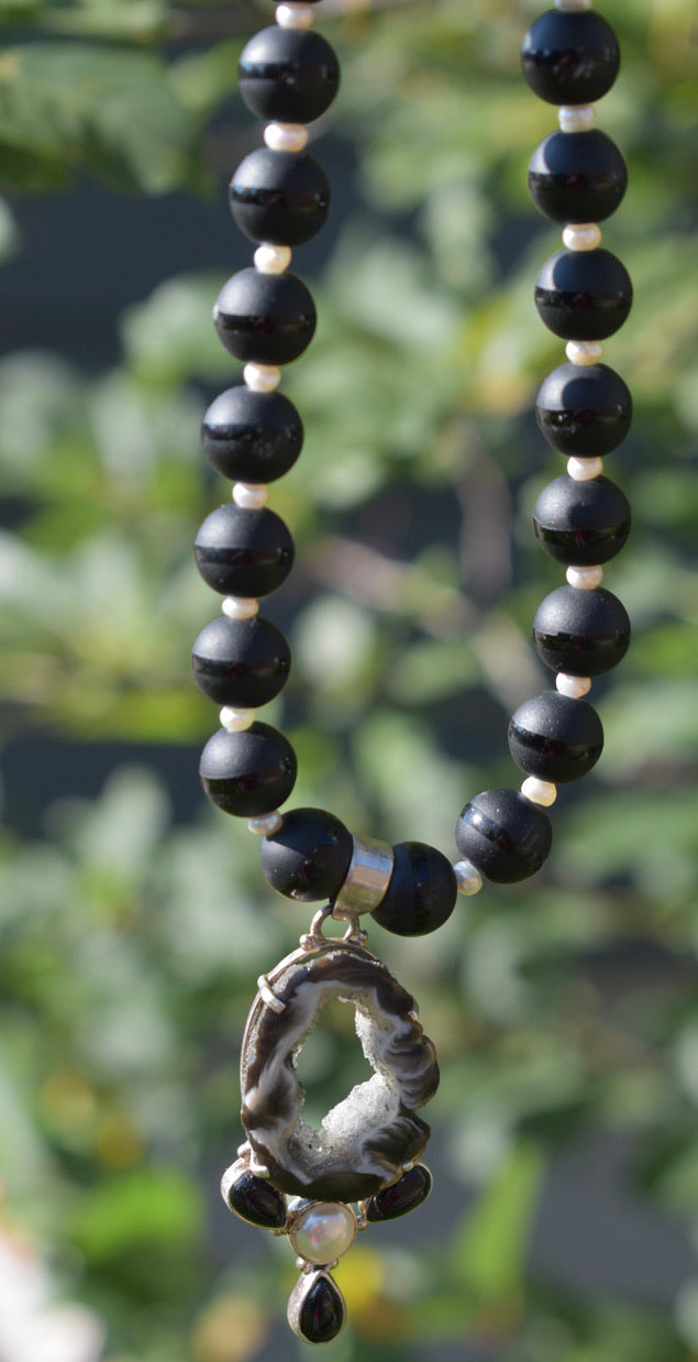 Geode, Black Onyx and Pearl Necklace