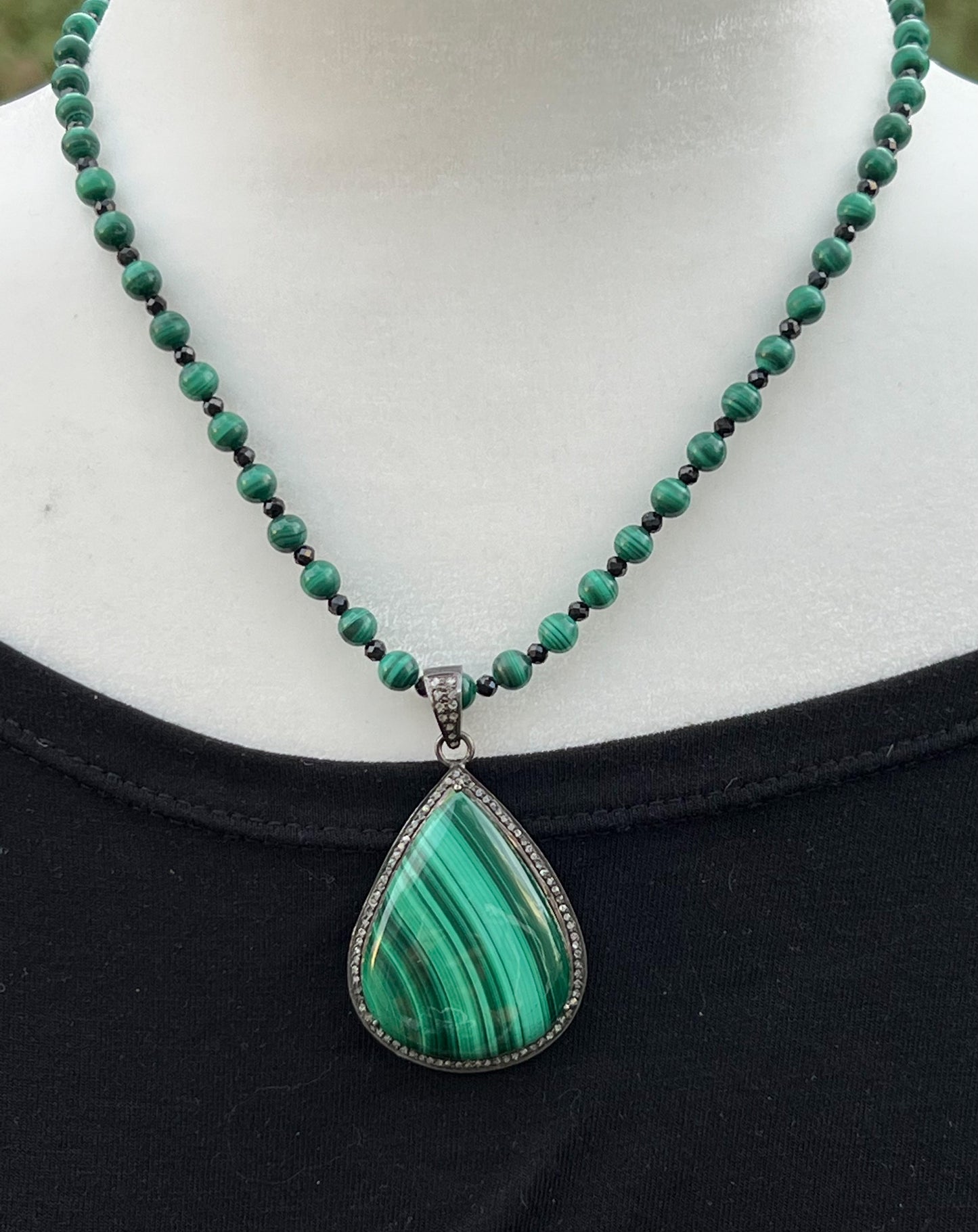 Malachite Diamond and Black Spinel Necklace