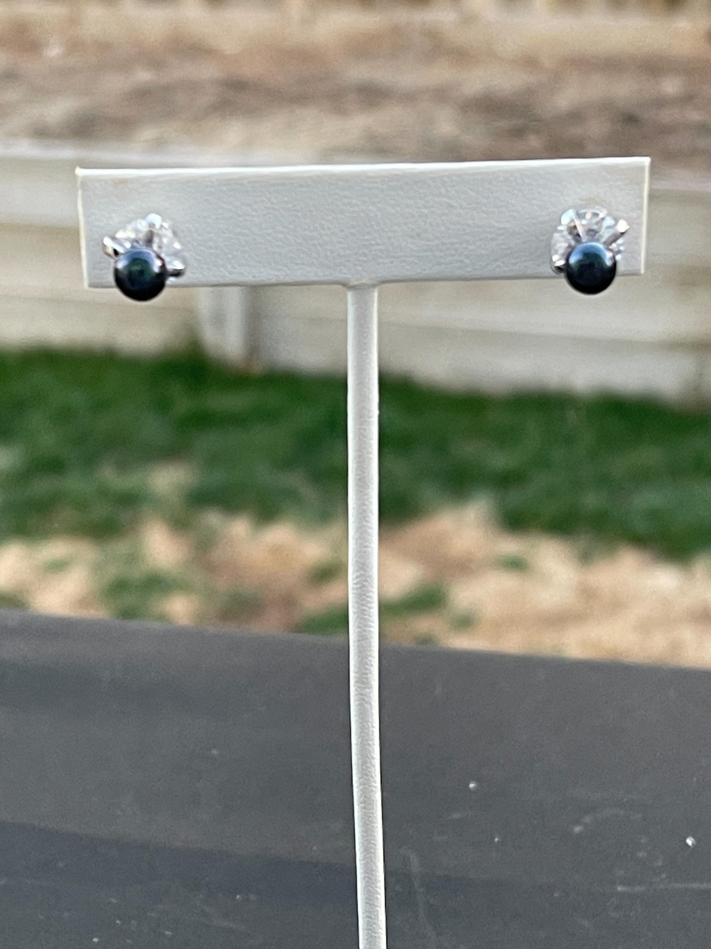 Cubic Zirconia and Black Pearl Post Earrings