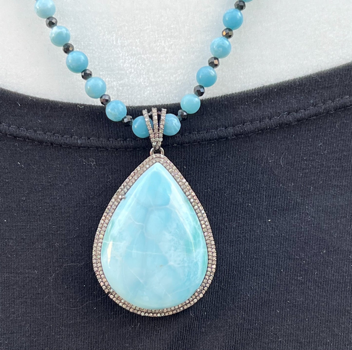 Genuine Larimar and Genuine Diamond Necklace