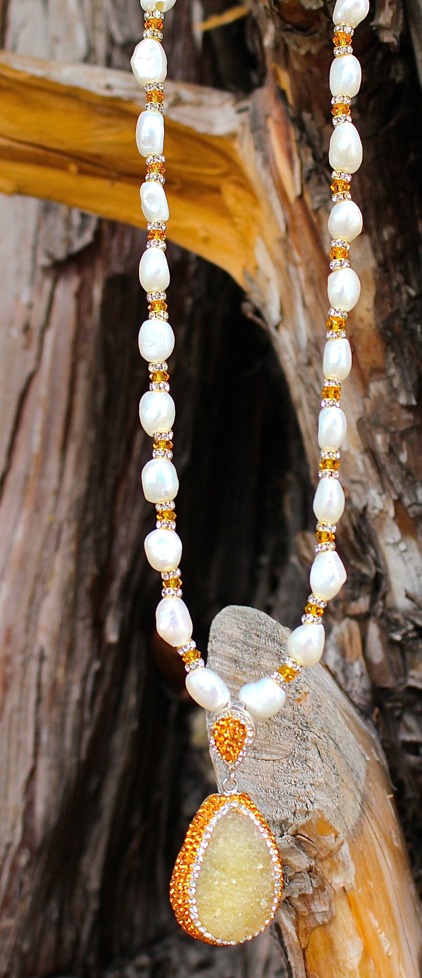 Freshwater Pearl, Druzy Quartz and Swarovski Crystal Necklace