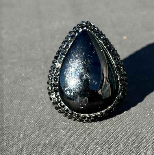 Black Onyx and Black Swarovski Crystal Adjustable Ring
