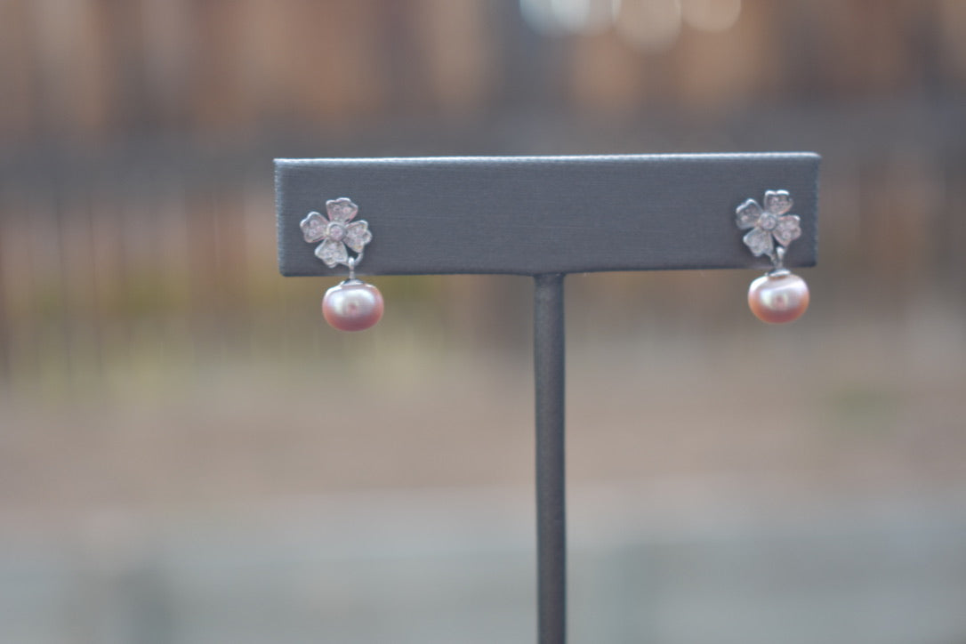 Peach Pearl and Cubic Zirconia Earrings