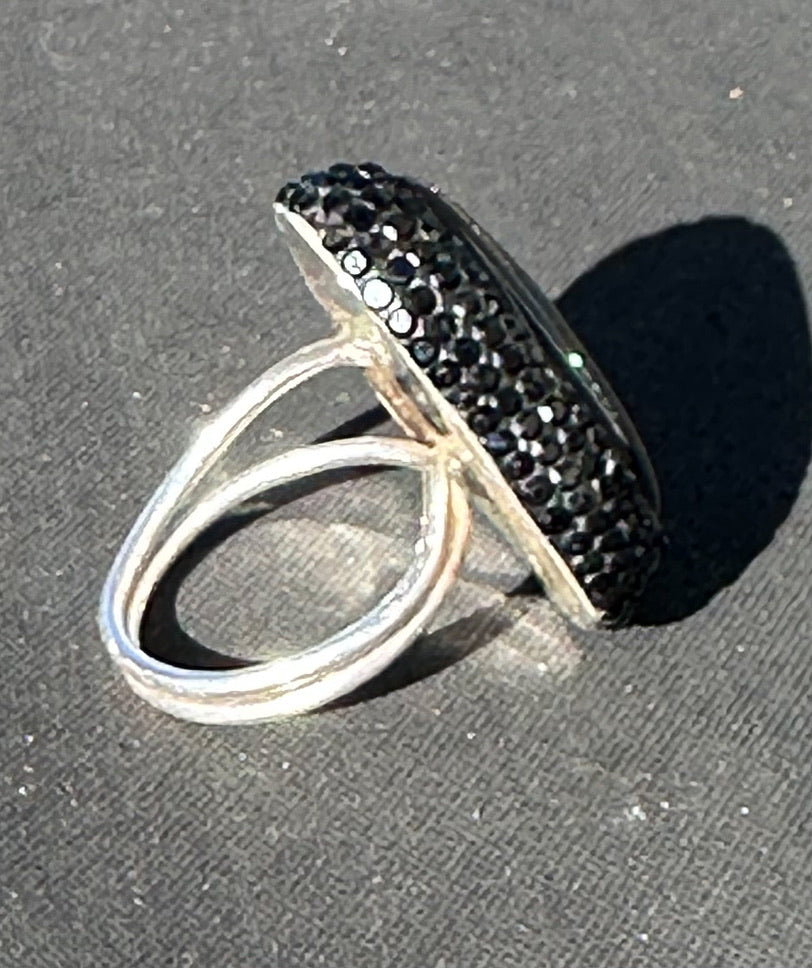 Black Onyx and Black Swarovski Crystal Adjustable Ring