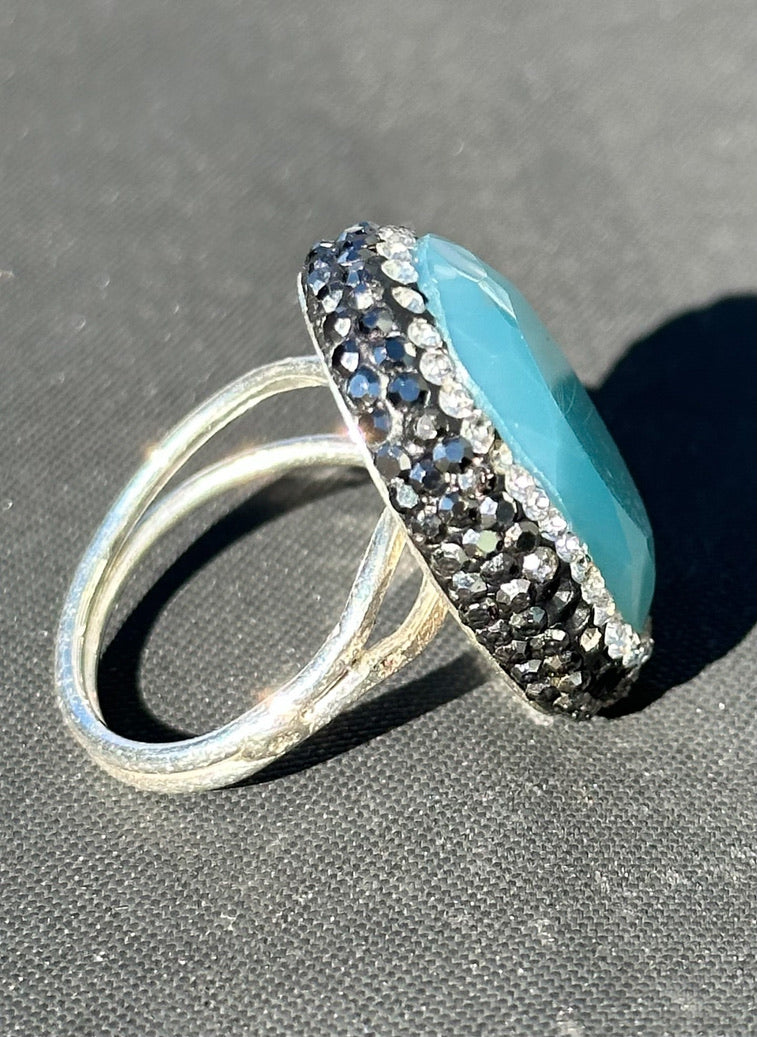 Chalcedony and Swarovski Crystal Adjustable Ring