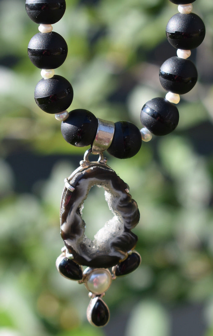 Geode, Black Onyx and Pearl Necklace