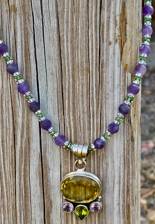Amethyst and Swarovski crystal necklace with Peridot and Amethyst Pendant