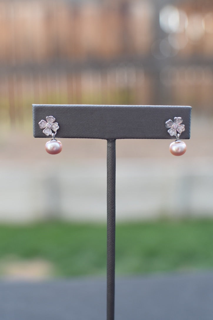 Peach Pearl and Cubic Zirconia Earrings
