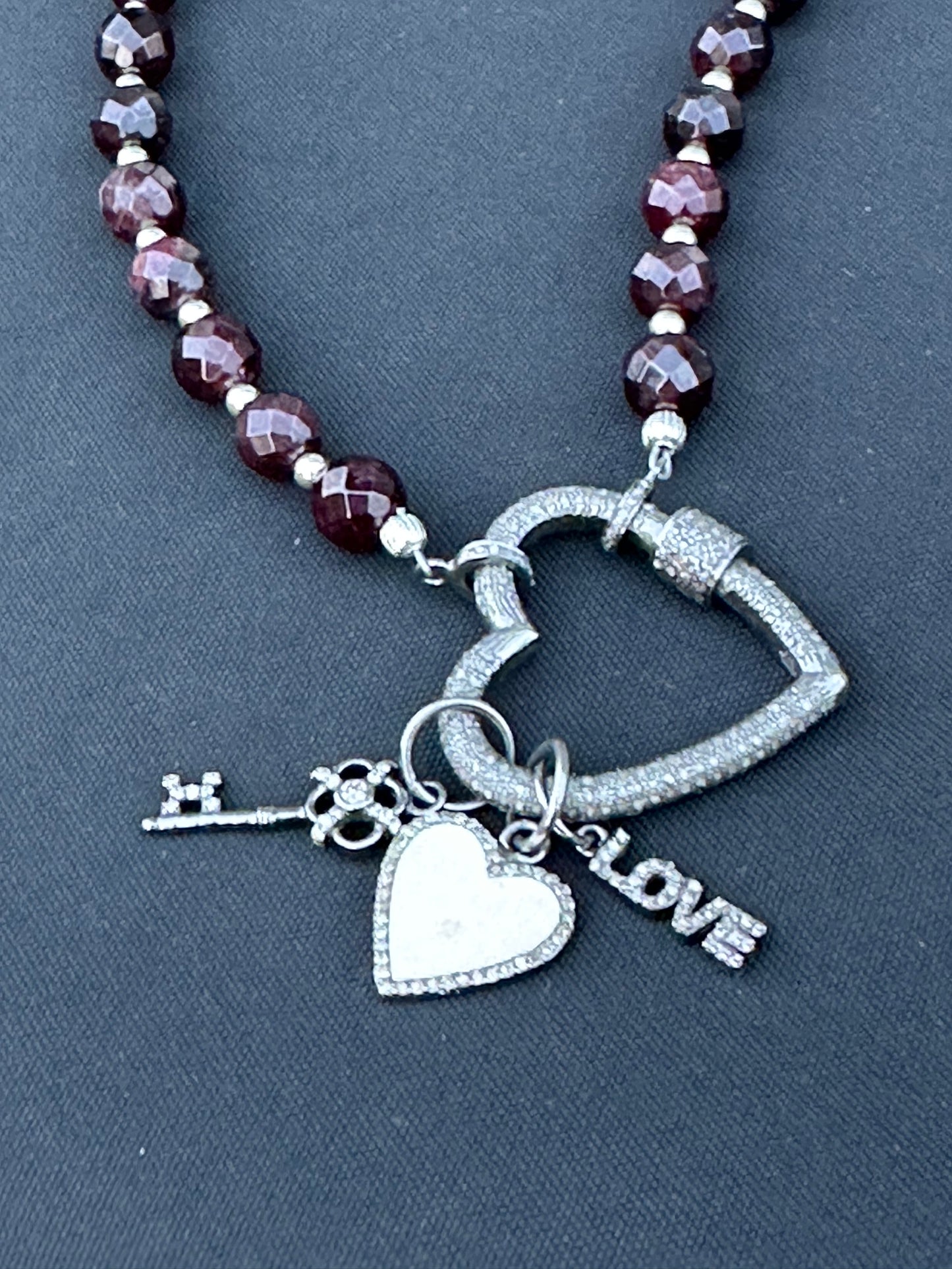 Garnet, Sterling Silver and Heart Love Necklace