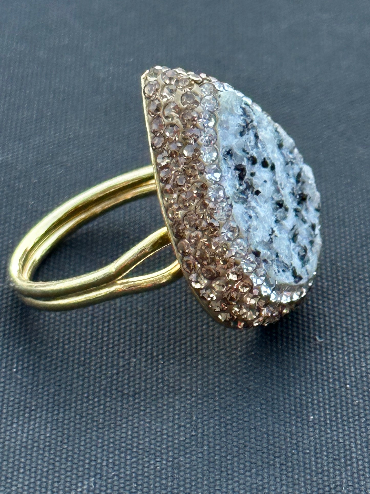 Dendritic Agate Cubic Zirconia, Marcasite, Sterling Silver Adjustable Ring