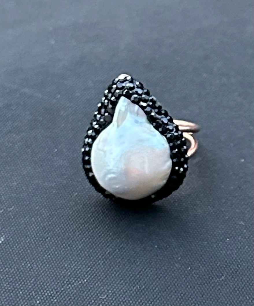 Freshwater Pearl and Black Marcasite Adjustable Ring