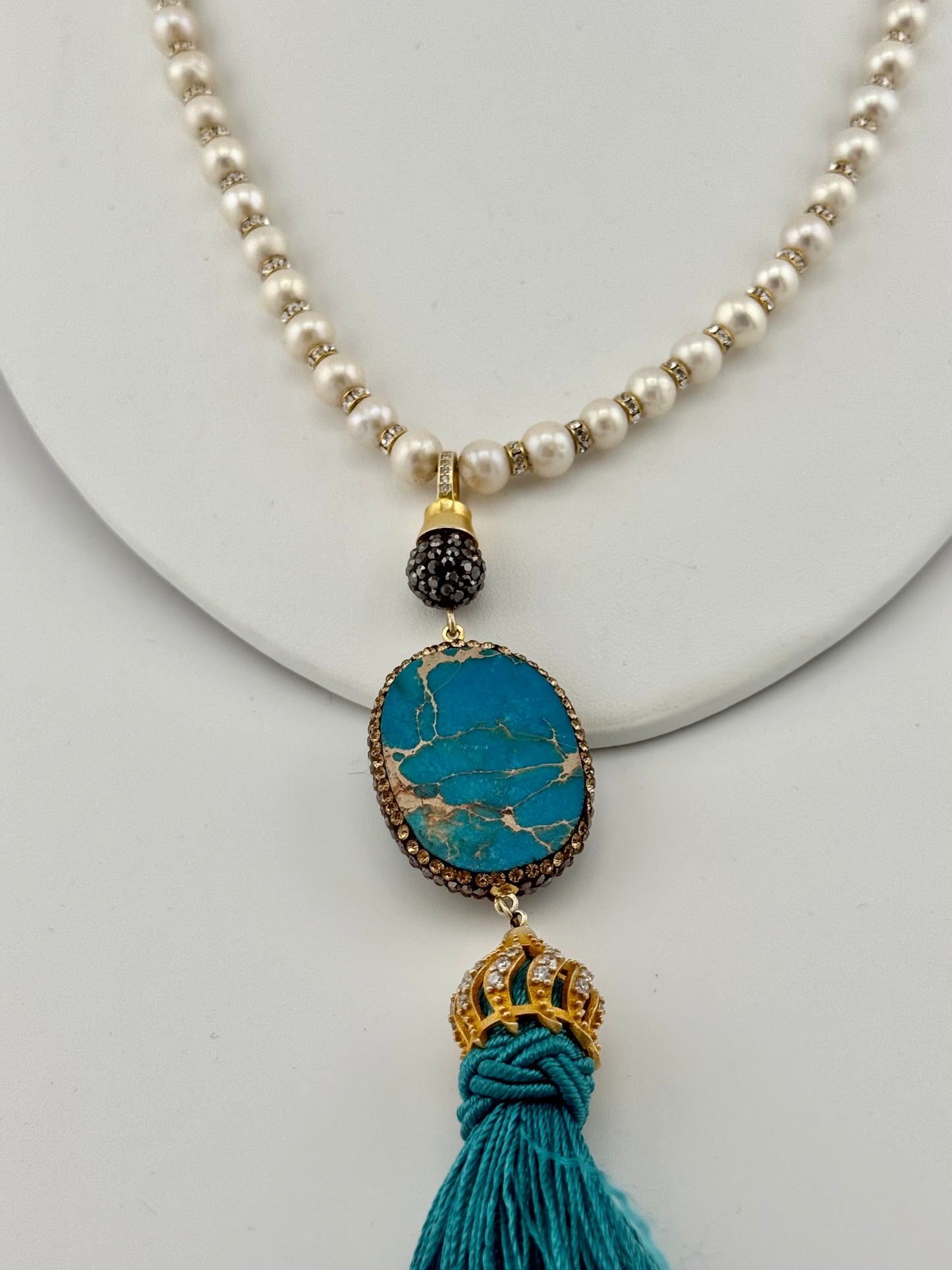 Pearl, Turquoise Swarovski Crystal and Tassel Necklace