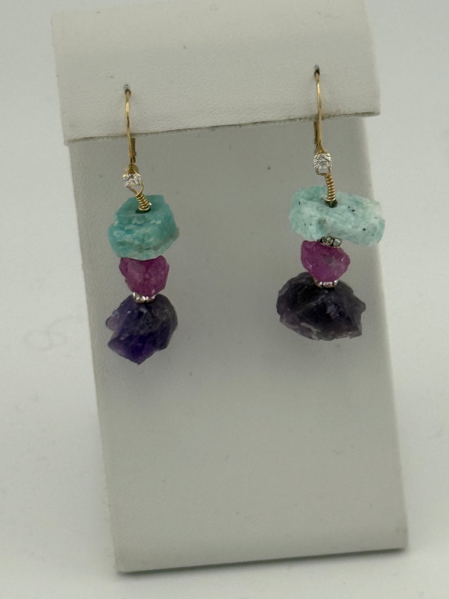Raw Amazonite Pink Sapphire Amethyst Earrings