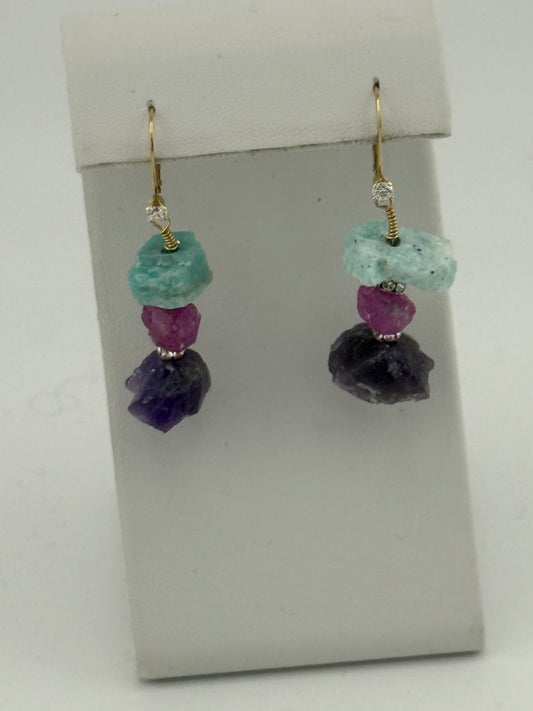 Raw Amazonite Pink Sapphire Amethyst Earrings
