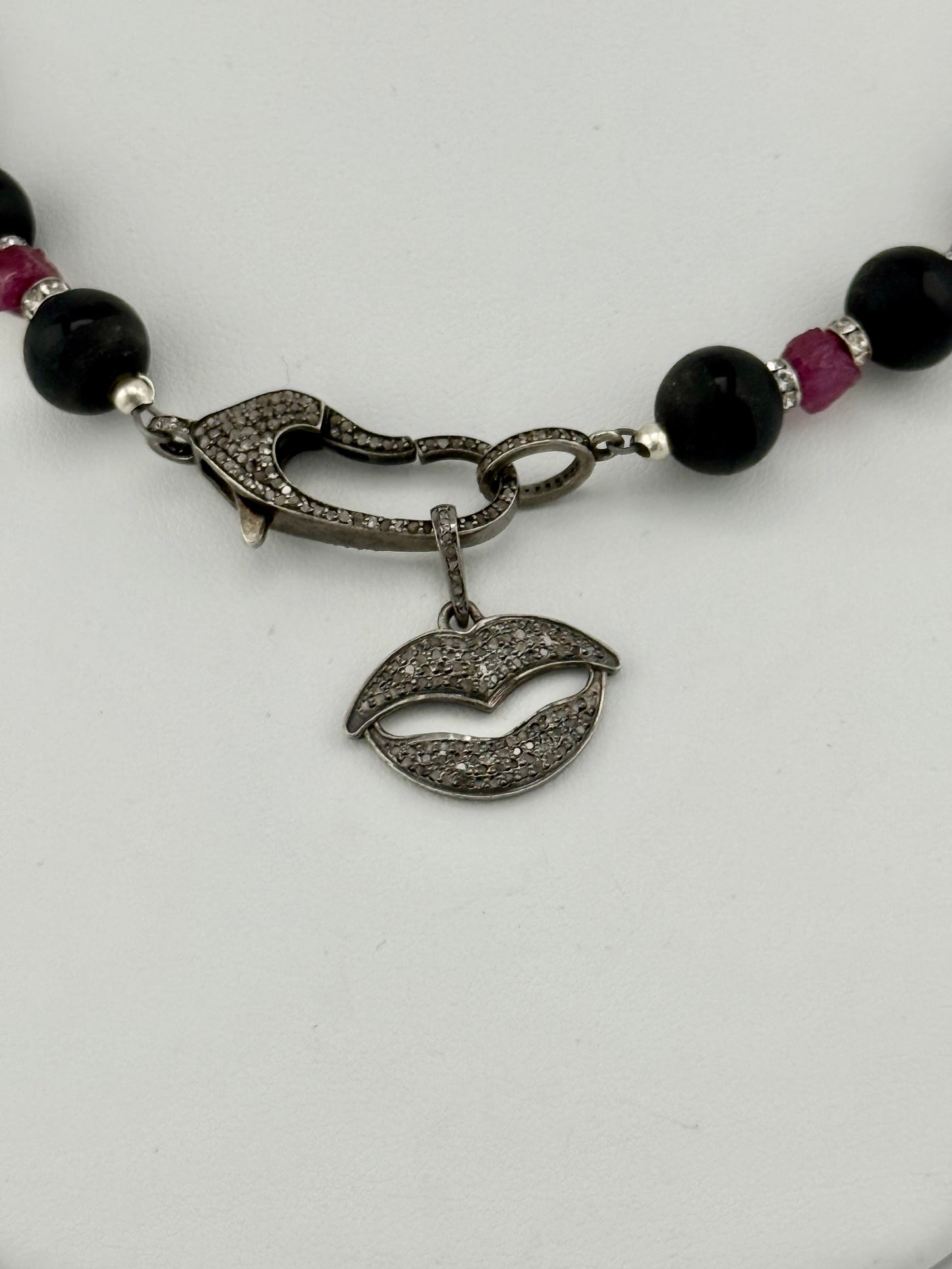 Black Onyx, Diamond, Raw Pink Sapphire and Swarovski Crystal Necklace