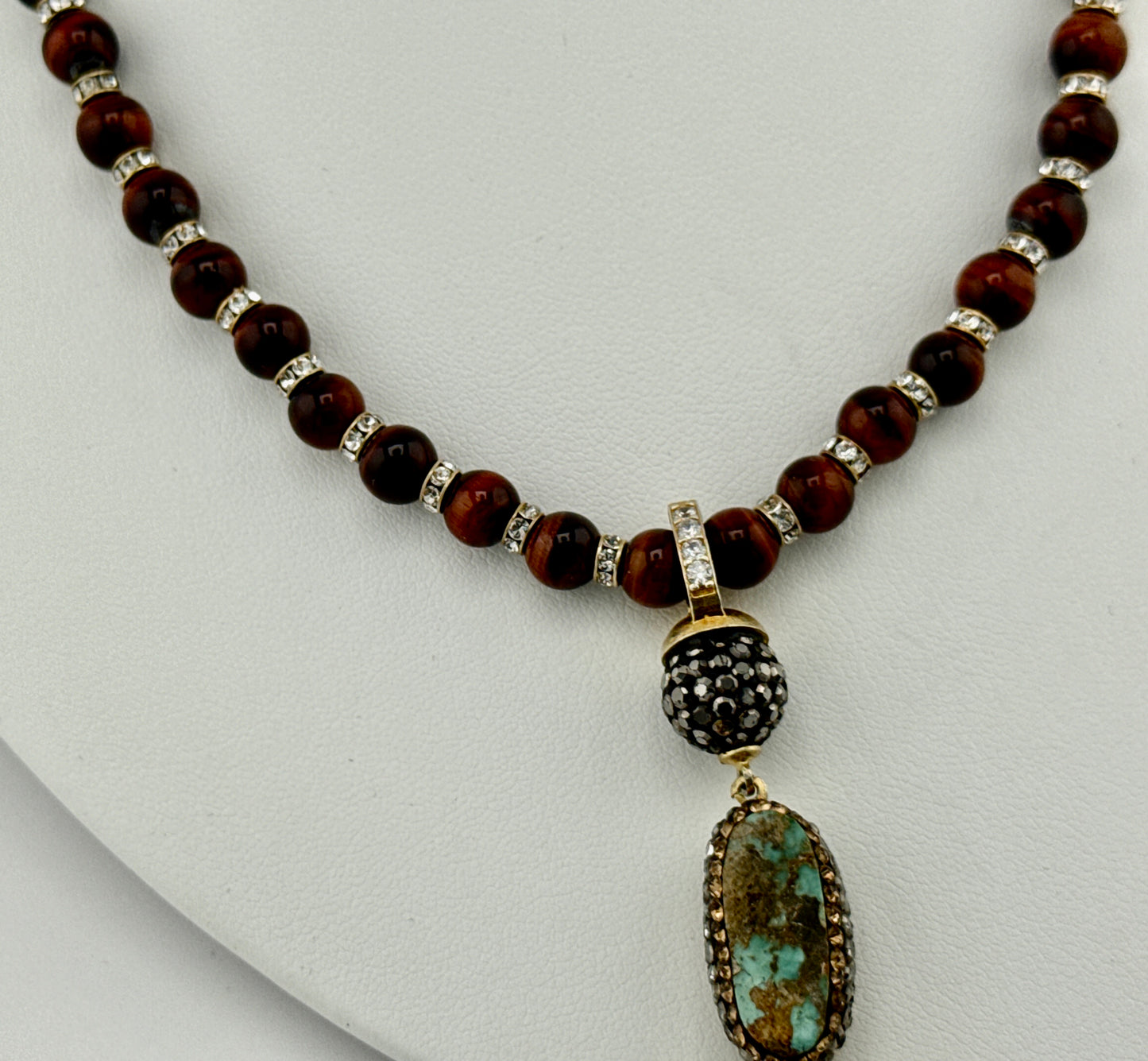 Tigers Eye, Turquoise, Swarovski Crystal & Tassel Necklace