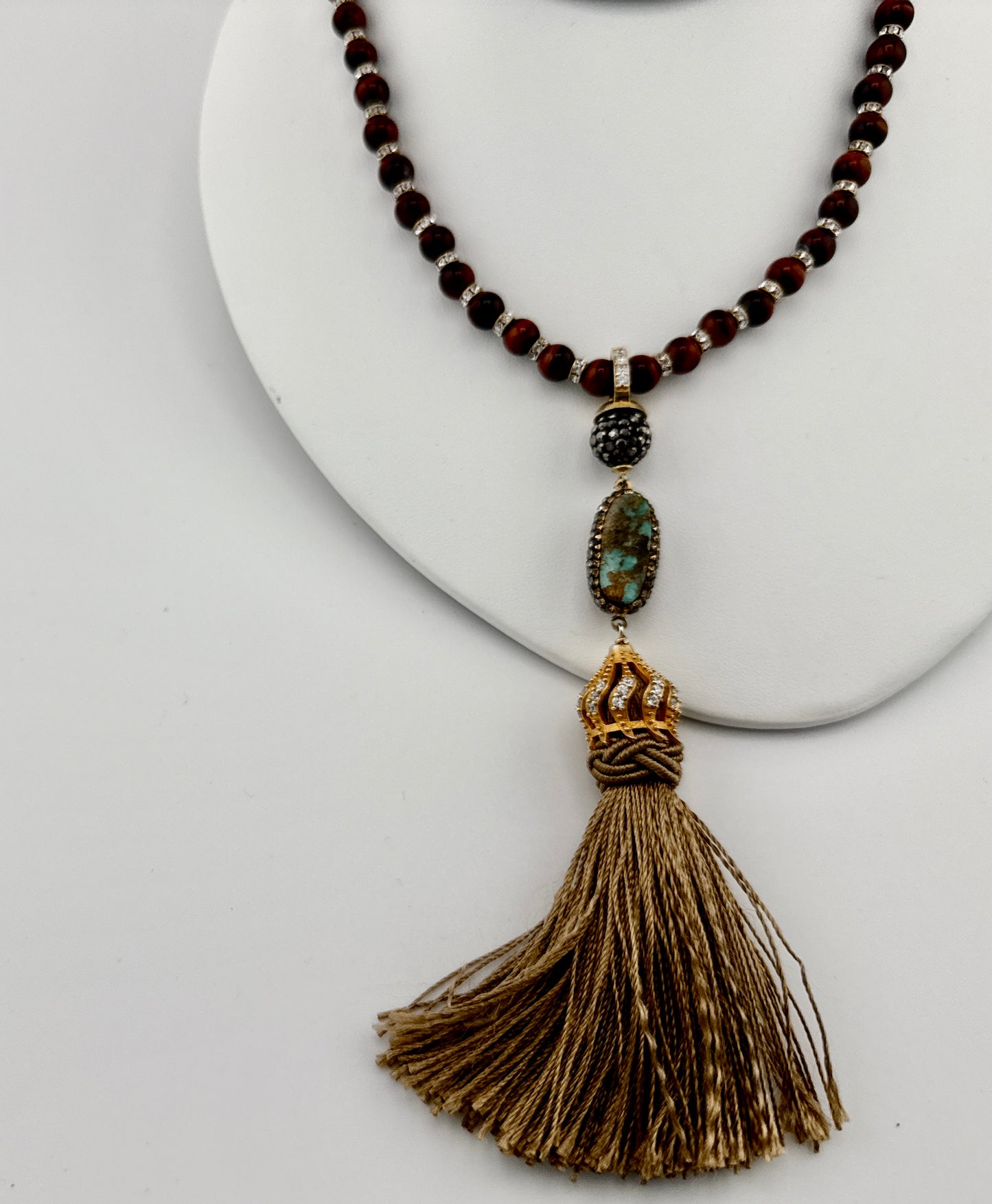 Tigers Eye, Turquoise, Swarovski Crystal & Tassel Necklace