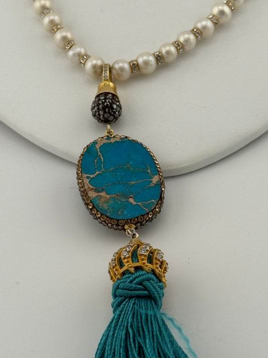 Pearl, Turquoise Swarovski Crystal and Tassel Necklace
