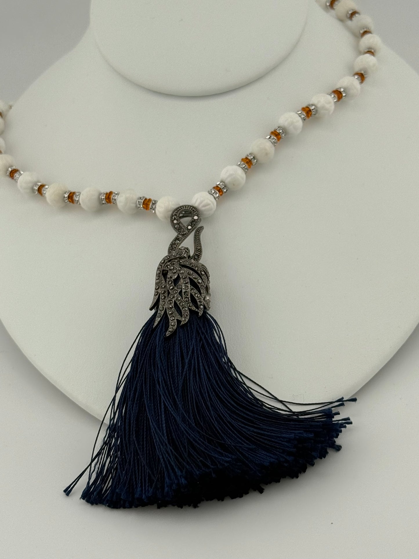 Carved Tridacna Shell Swarovski Crystal and Tassel Necklace