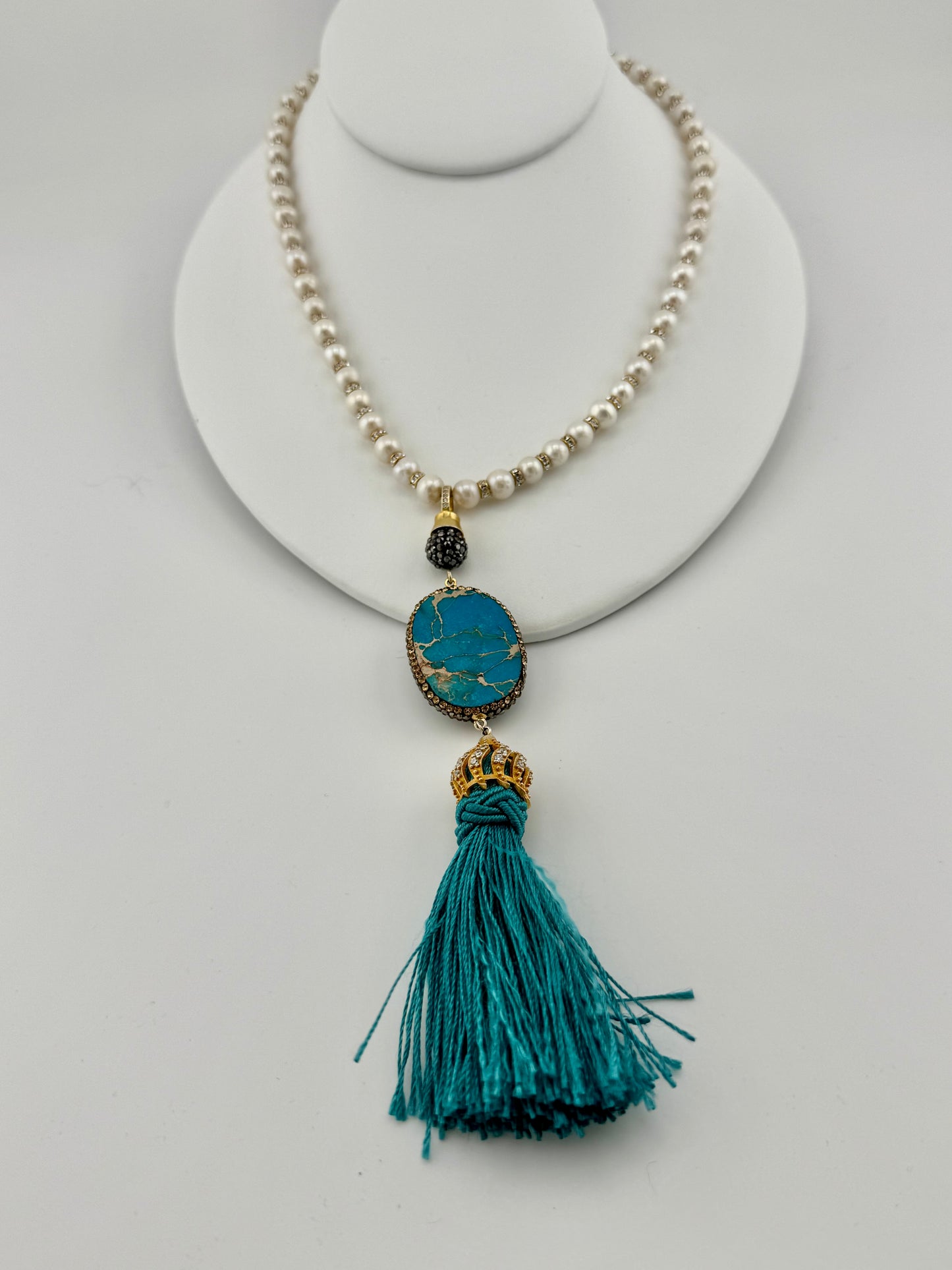 Pearl, Turquoise Swarovski Crystal and Tassel Necklace