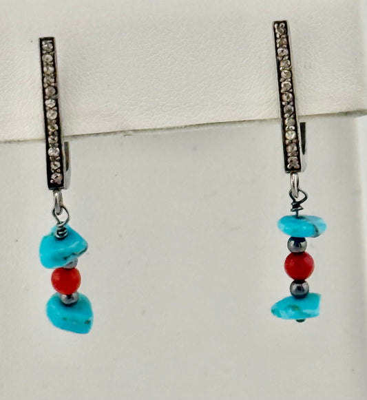 Turquoise Coral & Diamond Earrings