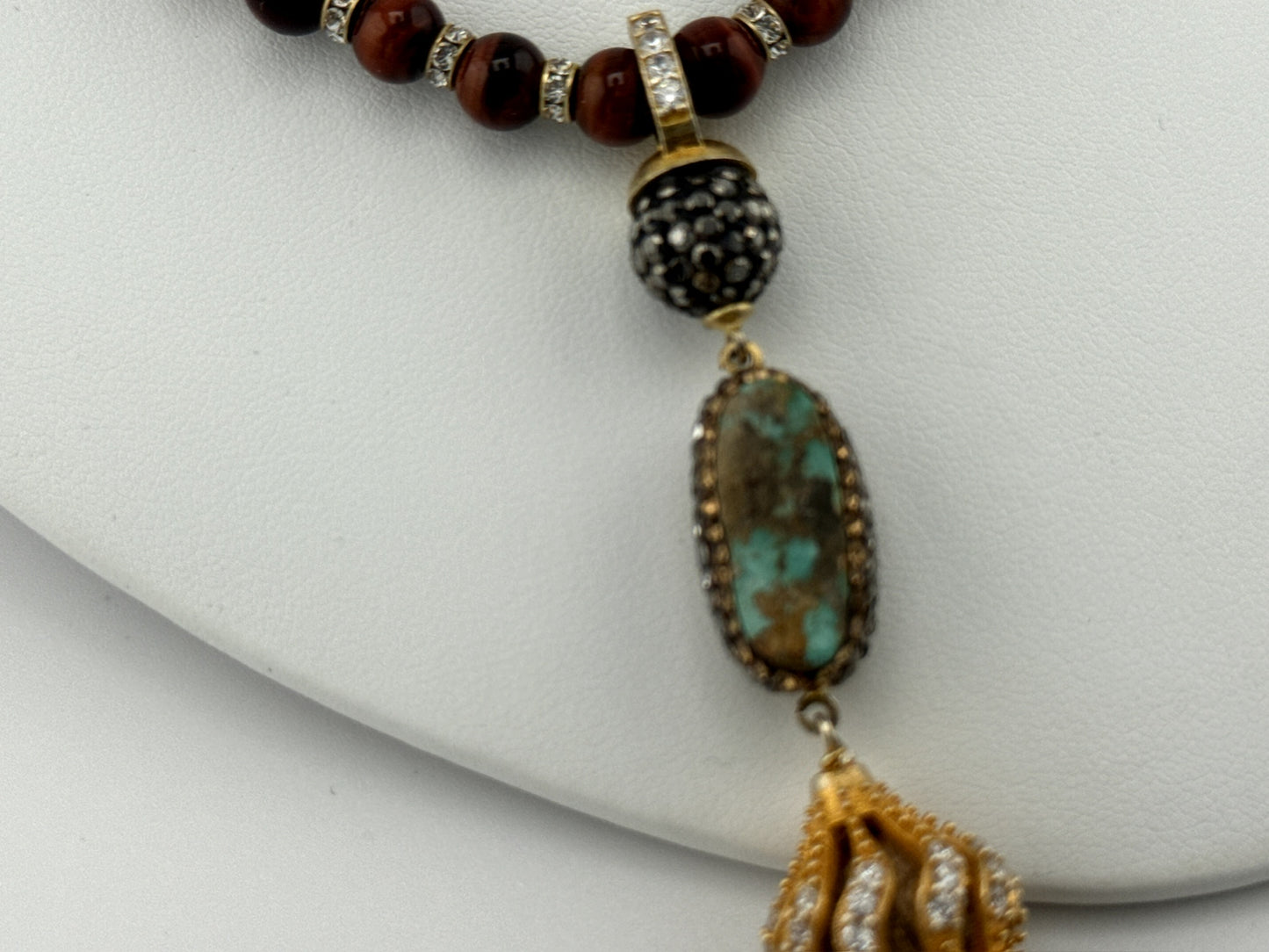 Tigers Eye, Turquoise, Swarovski Crystal & Tassel Necklace