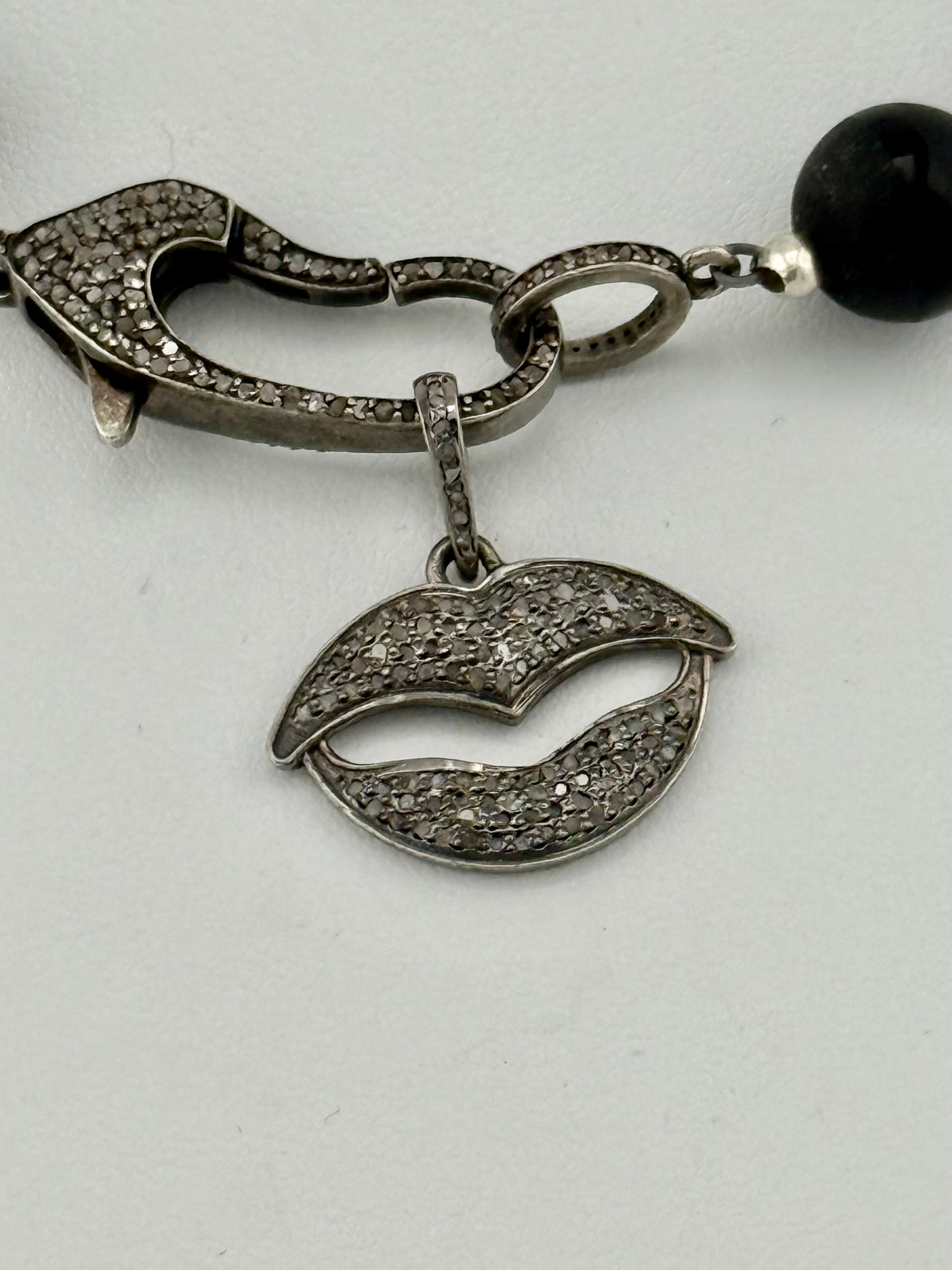 Black Onyx, Diamond, Raw Pink Sapphire and Swarovski Crystal Necklace