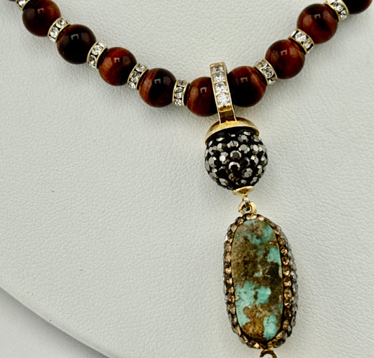 Tigers Eye, Turquoise, Swarovski Crystal & Tassel Necklace