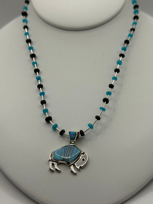 Inlaid Opal and Sterling Silver Buffalo Necklace