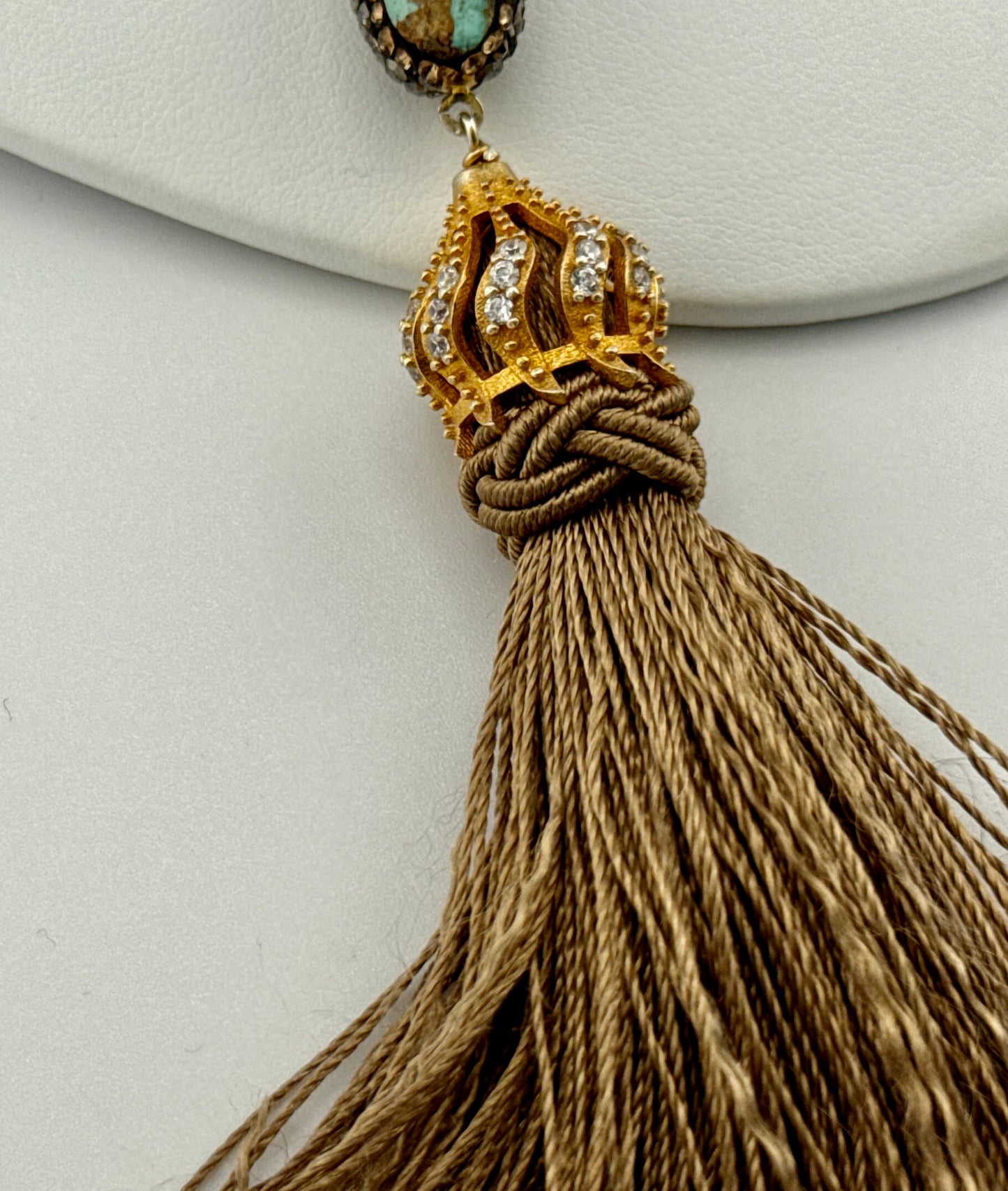 Tigers Eye, Turquoise, Swarovski Crystal & Tassel Necklace