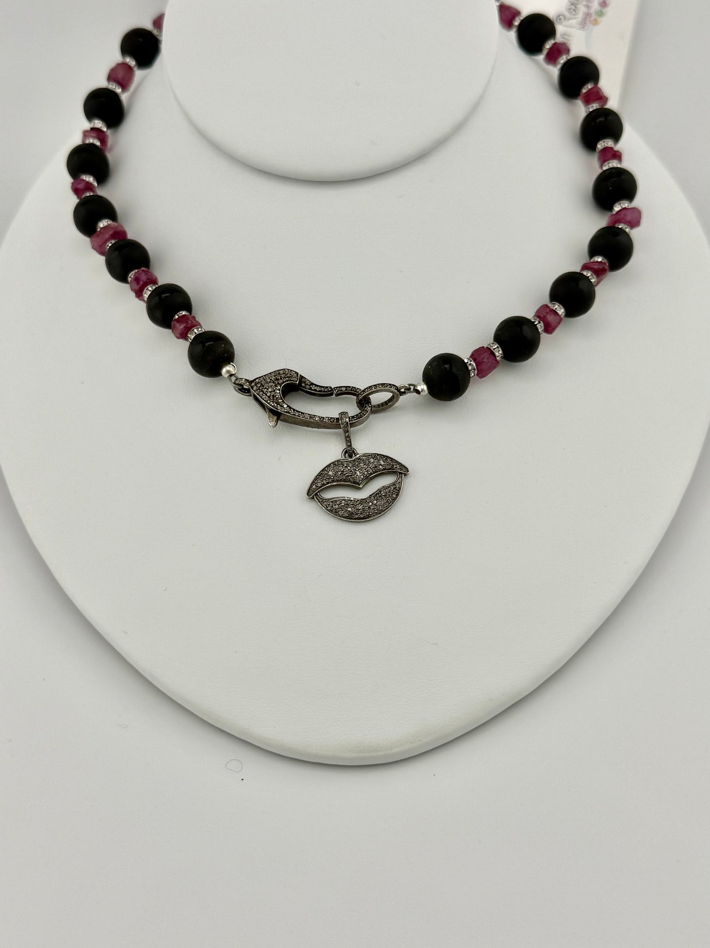 Black Onyx, Diamond, Raw Pink Sapphire and Swarovski Crystal Necklace