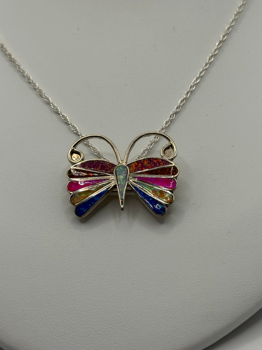 Multi Opal Stone Butterfly Necklace and Pin