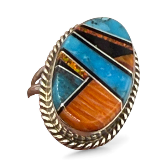 Turquoise Spiny Oyster and Fire Opal Ring