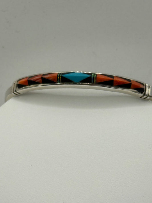 Red Coral Black Jet and Turquoise Inlaid Bangle