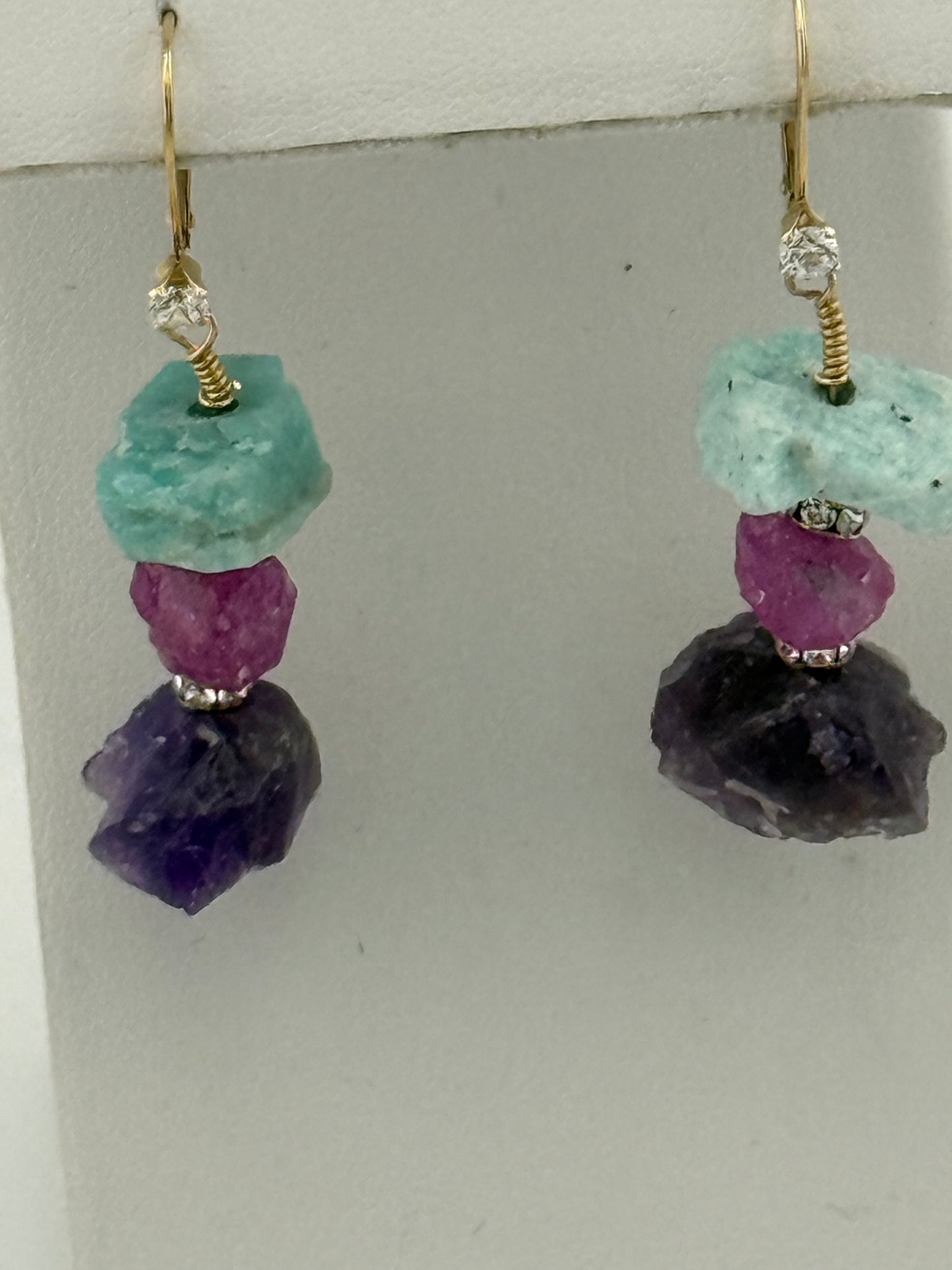 Raw Amazonite Pink Sapphire Amethyst Earrings