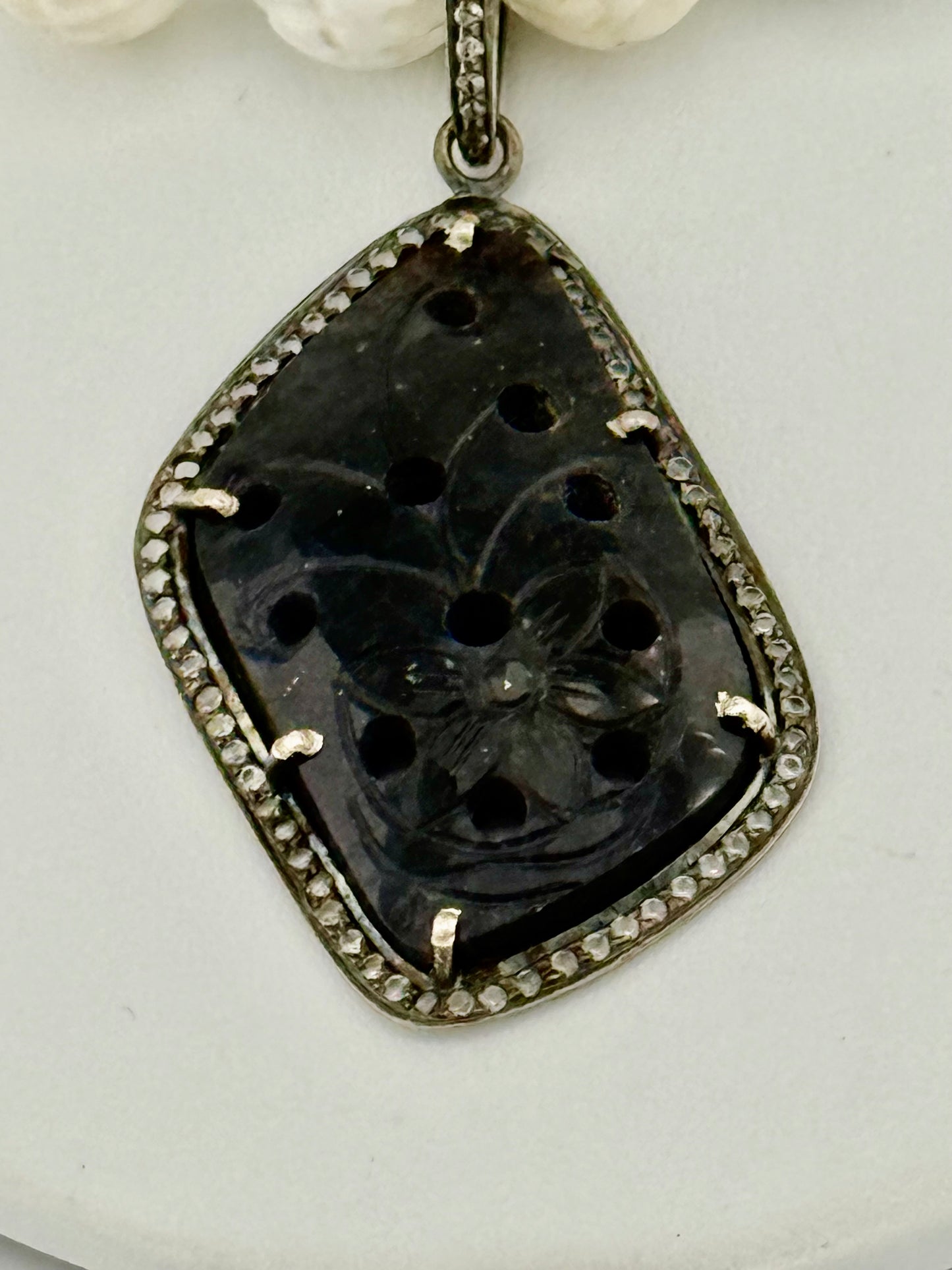 Carved Tridacna Shell and Swarovski Crystal Necklace with Carved Sapphire Pendant