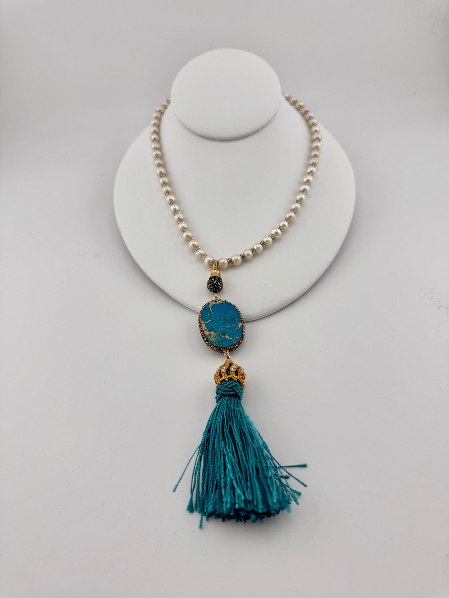 Pearl, Turquoise Swarovski Crystal and Tassel Necklace