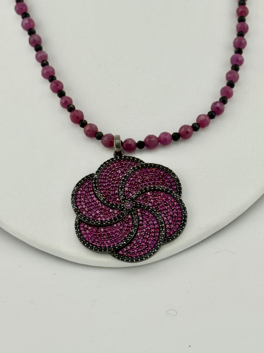 Ruby & Black Spinel Flower Necklace