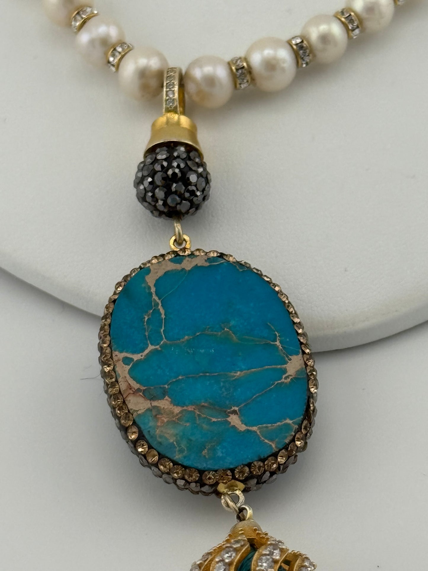 Pearl, Turquoise Swarovski Crystal and Tassel Necklace